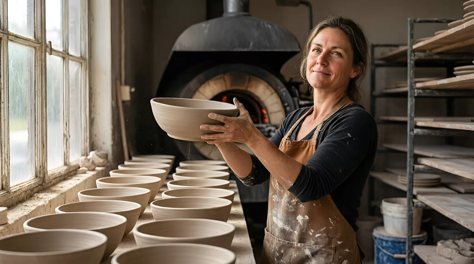 Independent ceramic studio owner lifting a newly thrown bowl from a plaster bat in her active production studio