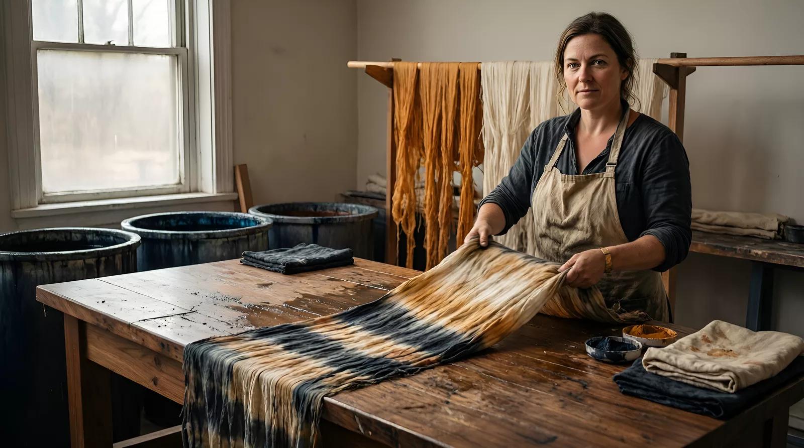 Woman textile-dye atelier owner at a long walnut worktable with hand-dyed flax unfurling through the frame