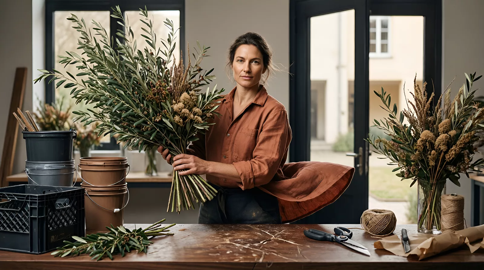 Independent professional event-florist and studio owner at her preparation bench with olive branches and seed heads