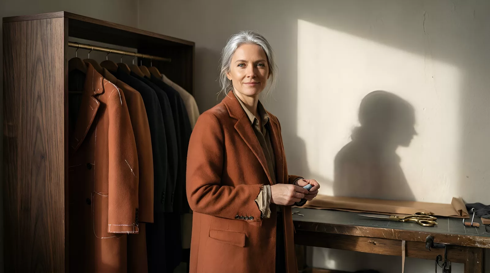 Bespoke outerwear atelier owner standing in raking natural light casting a long clean shadow across a sun-washed studio wall
