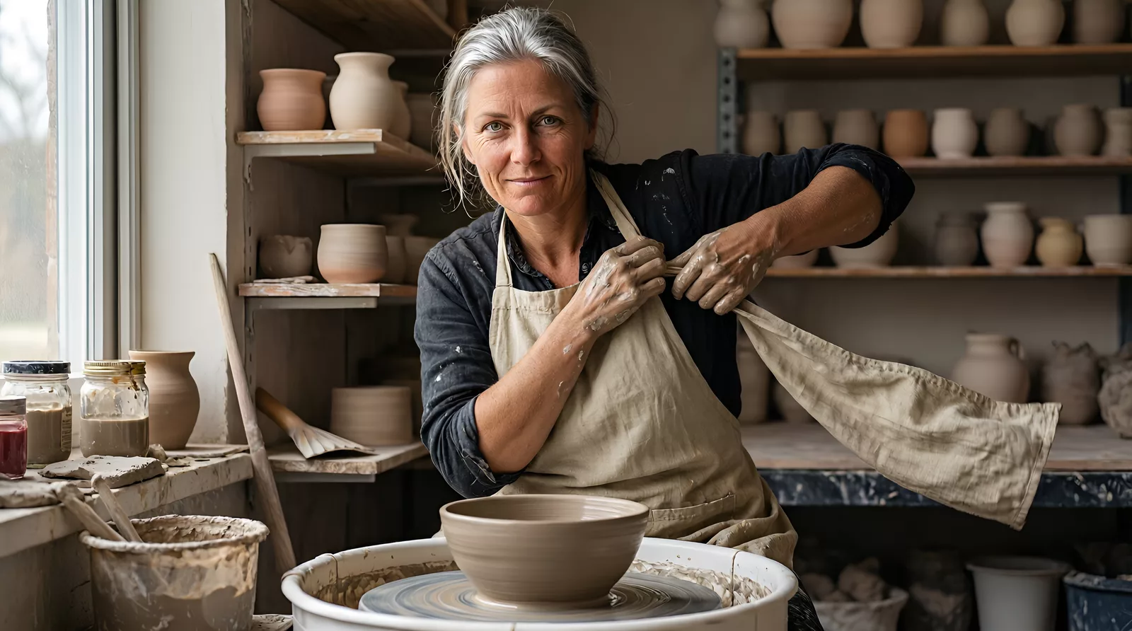 Marta Alves, ceramicist, working confidently in her workshop