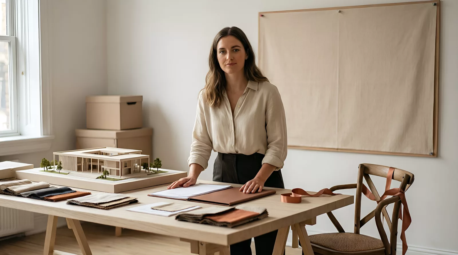 Zofia Kowalska, architect, presenting a model in her studio