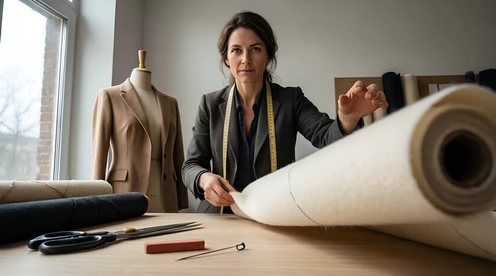 Agnieszka Nowak, bespoke tailor, at work in her atelier