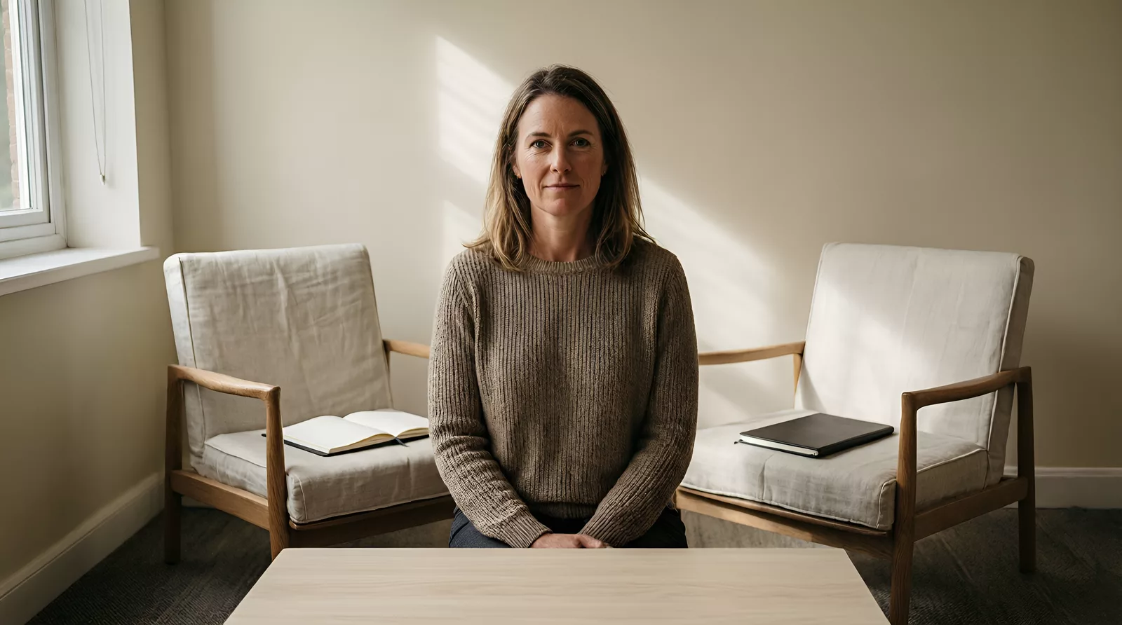 Amelia Reed, therapist, in the consulting room of her practice