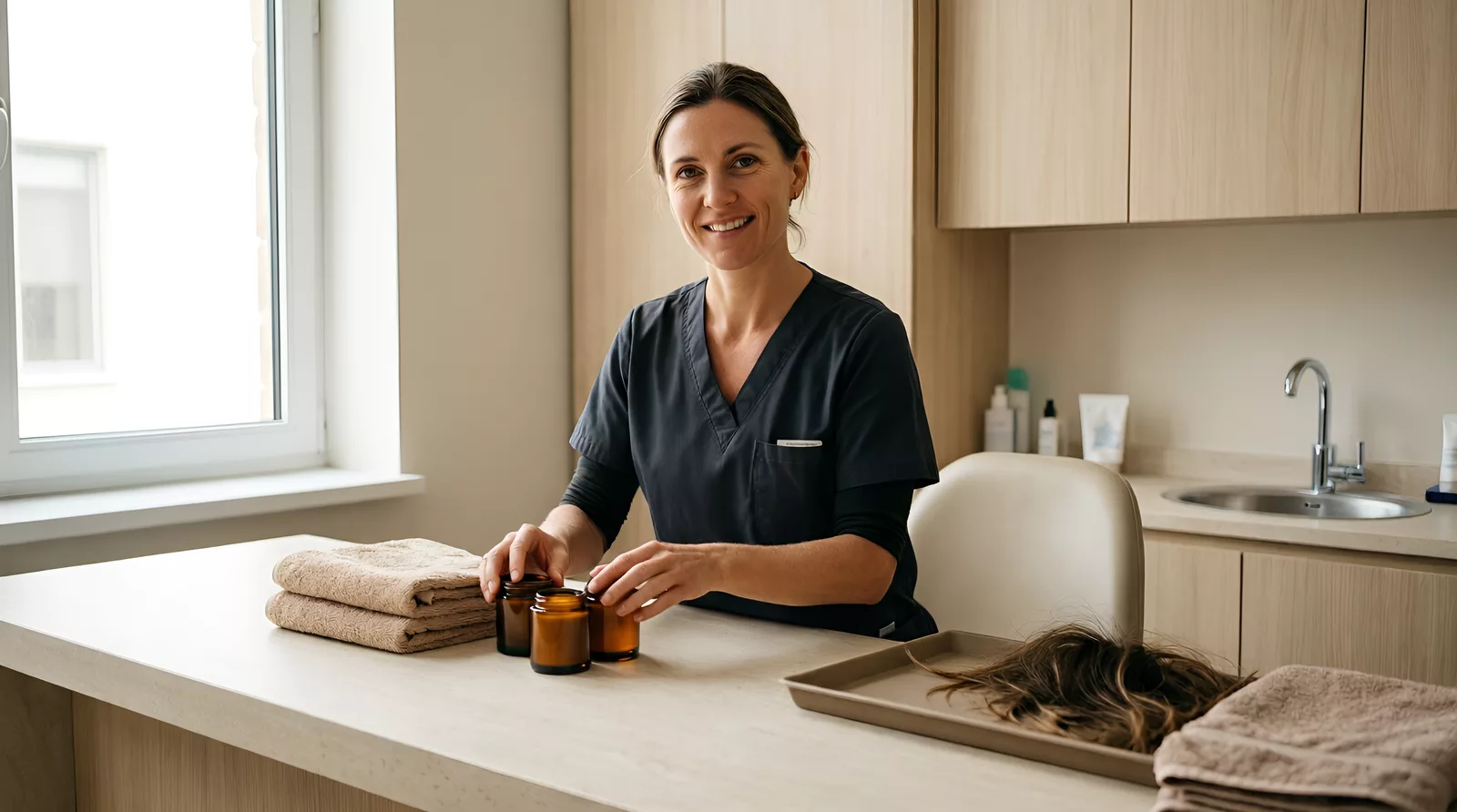 Hanna Brenner, skin therapist, at the treatment-room counter of her clinic