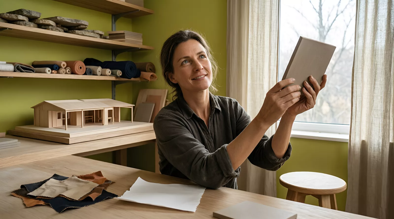 Julia Lange, interior designer, comparing material samples in her studio